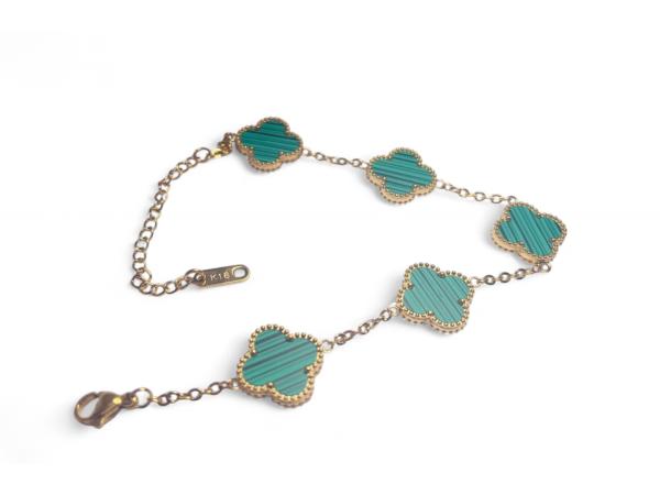 18kt Vergulde "Alhambra" Stijl Armband - Malachiet Groen