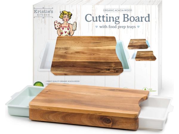Kristie’s Kitchen Snijplank met 2 Opvangbakken - Borrelplank - Serveerplank - Houten Tapasplank - Antislip - Acacia