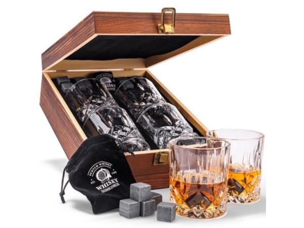 Whisky Set met 8 Koelstenen en 4 Whiskey Glazen