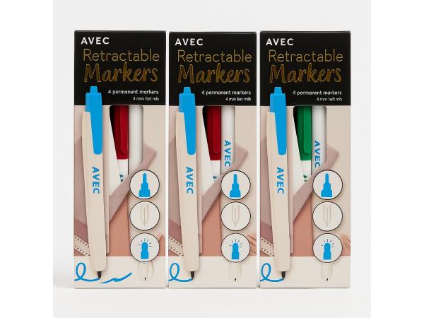 3x AVEC Retractable Markers – 4 Permanente Stiften per set