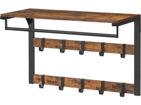 Kapstok met plank wandrek met 10 afneembare haken