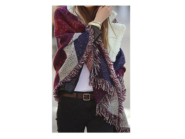 Luxe oversized sjaal - bordeaux met blauw en grijs