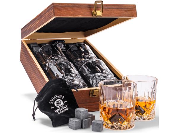 Whisky Set met 8 Koelstenen en 4 Whiskey Glazen