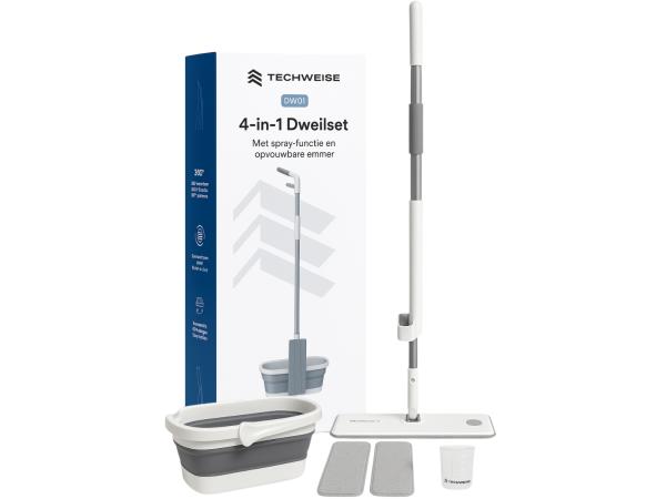 Techweise 4-in-1 Dweilsysteem met Spray en Opvouwbare Emmer met 2 Extra Microvezel Dweilen - Dweilset met Sprayfunctie - Vloerwisser - Dweil Mop - Dweilmop met Wringer