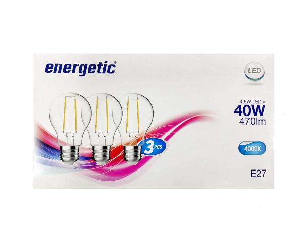 20x  Energetic A60 Clear LED E27 4000K 4,6W 3-Pack