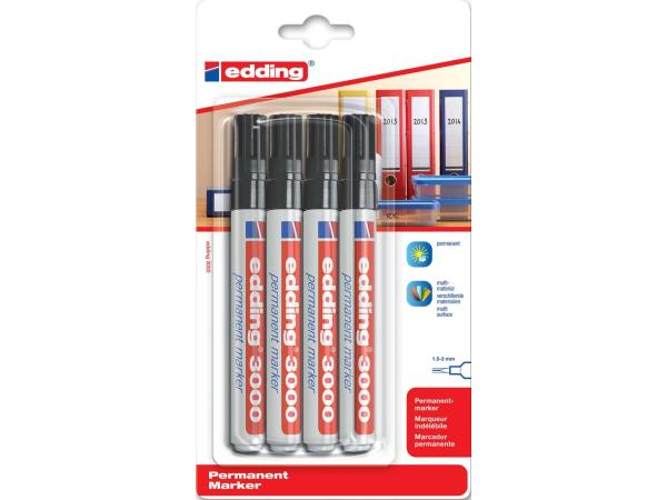 10 sets - Viltstift edding 3000 rond 1.5-3mm zwart blister à 4 stuks