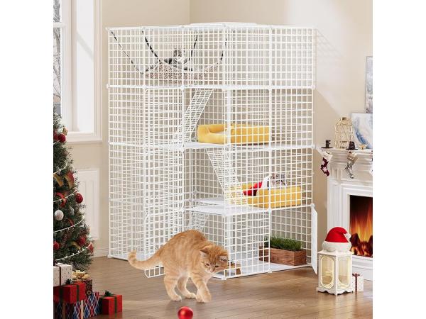 Grote dierenkooi metaal 4 niveaus (Metaal WIT)