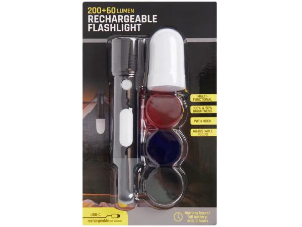 2x Oplaadbare LED Zaklamp 200+60 Lumen – USB-C & Kleurenfilters