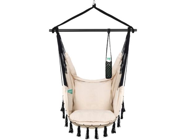 Vita5 XXL Hangstoel | Binnen&amp;Buiten Hangnest | Incl. 2 Kussens en Boekenvak | Volwassenen&amp;Kinderen | Hangmatstoel tot 225kg | Crème/Beige