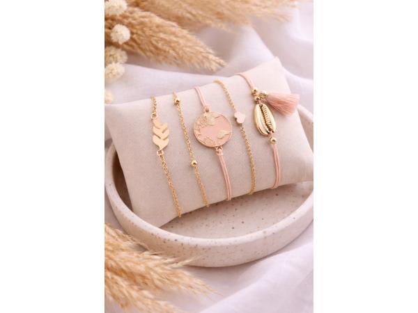 Dames Armbandenset – 5-delig Goudkleurig & Roze met Bedels