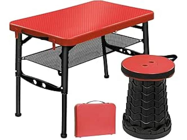 FIEMACH Portable Camping Folding Table with Folding Stool