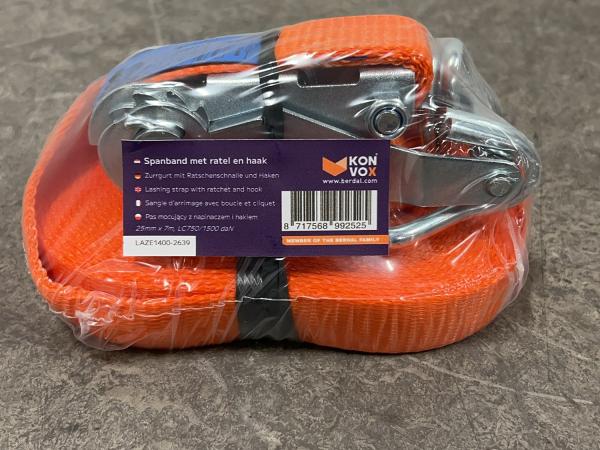 10x Konvox ratchet tie-down strap with ratchet and hook 25 mm x 7 m