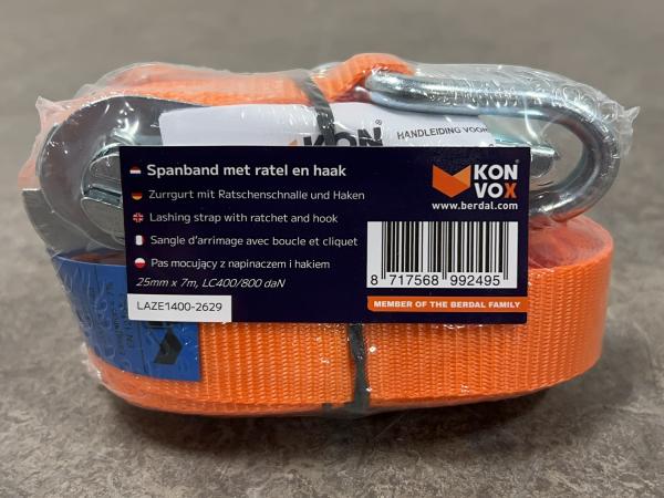10x Konvox ratchet tie-down strap with hook 25mm x 7m