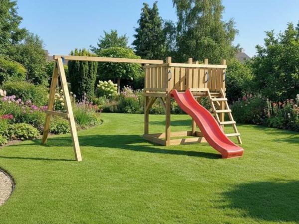 Vrijstaande speeltoren met schommel+glijbaan 410x300x200 cm