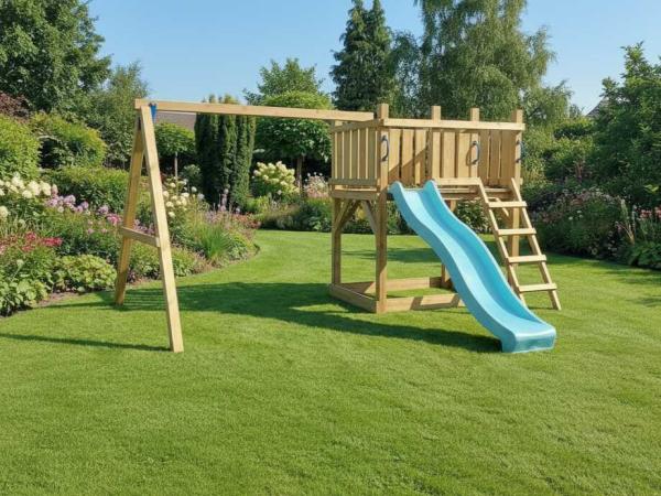 Vrijstaande speeltoren met schommel+glijbaan 410x300x200 cm