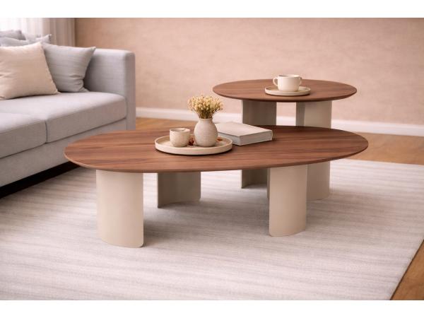  Salontafels set Organisch- Walnoot - Notenhout - creme