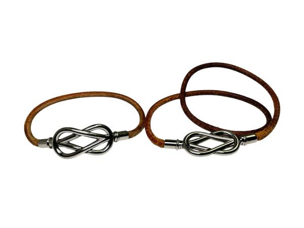 Hermès Atame Lederen Armbanden Set - Bruin/Zilver