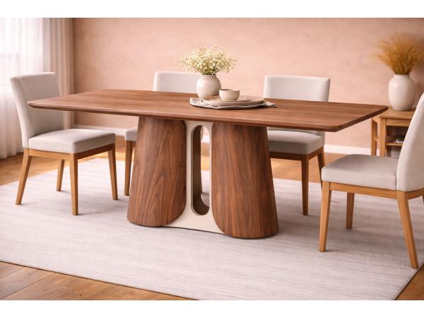 Eettafel Walnoot 220x110x76 - Rechthoek ronde rand - creme 
