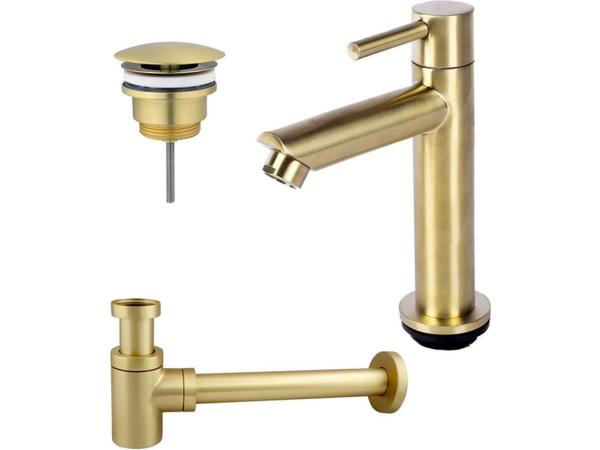 Toiletkraan set met afvoer en design sifon geborsteld goud