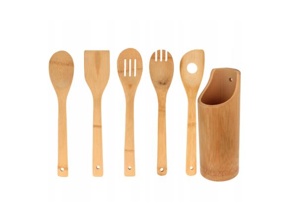 5 Delige Bamboe Keukengerei Set - Keukengerei + Houder