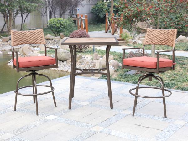 Tuinset 3-delig - barset hoog - bruin wicker + rode kussens 