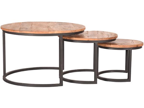 Set 3x Salontafels– Rond Mangohout – Industrieel Ø70/57/42CM