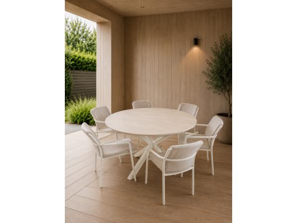Flora outdoor set 6 stoelen + 1 tafel 140Ø - Creme