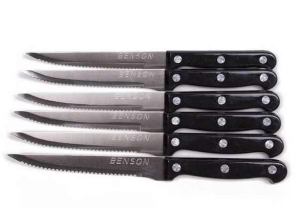 teakmessenset - RVS - Gekarteld Lemmet - Zwart - 6 stuks