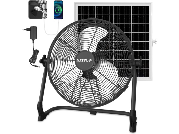 NATPOW Accu Vloerventilator 15W - met zonnepaneel op USB-C