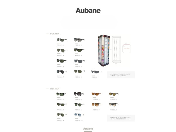 Verkoopset Aubane zonnebrillen (744 zonnebrillen)  incl acc