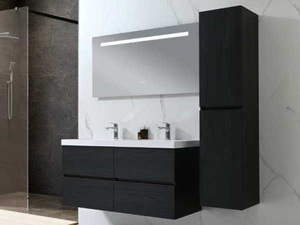 Badkamermeubel 120 cm - Donker hout decor + witte wasbak