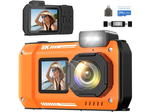 Orange 8K waterdichte camera 70MP dual screen 64GB