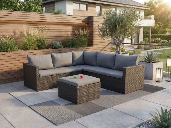 Loungeset 4-delig - hoek - Antraciet wicker + grijze kussens