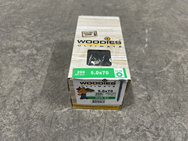 4x Woodies spaanplaatschroef 5,0×70mm rvs TX25 200-pack