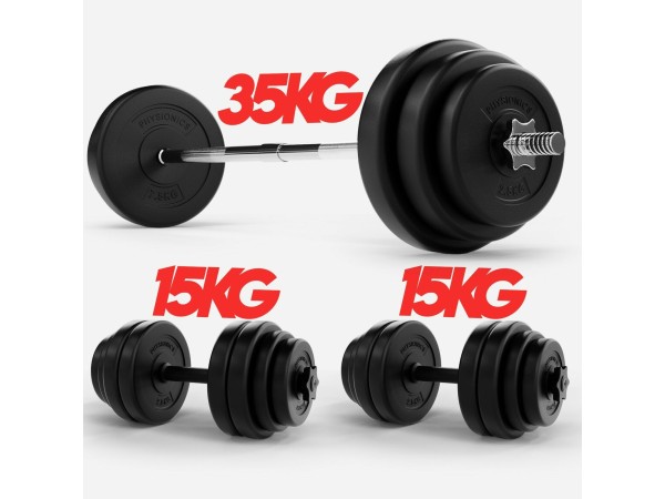 Halterstang met dumbellset 35 kg en 2x 15 kg totaal 65 kg