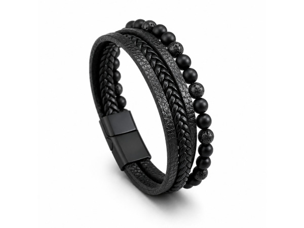 Heren Armband Zwart Gevlochten Design met Kralen