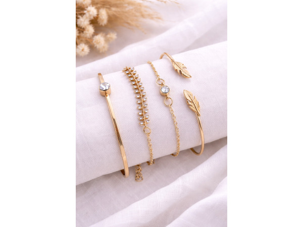 Dames Armbandenset – 5-delig Goudkleurig met Strass & Veer B