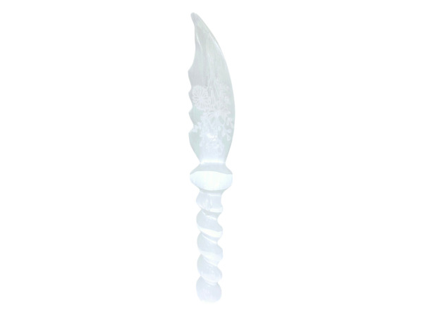 Handgeslepen Seleniet Athame met Bloemgravure en Spiraalheft