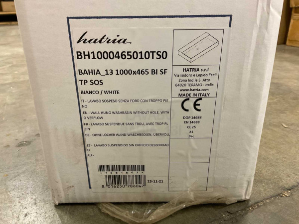 Hatria wastafel zonder kraangat 100x46,5cm Bahia13 wit – foto 5 – kavel bij XL Auctions