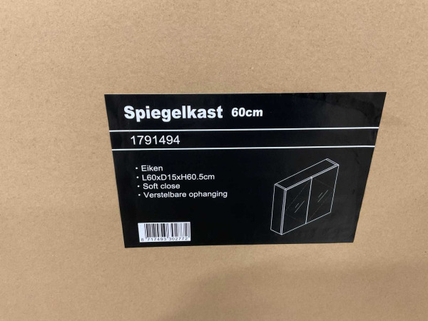 Lavigo spiegelkast 2 deuren 60x15x60,5cm Gino eiken – foto 5 – kavel bij XL Auctions