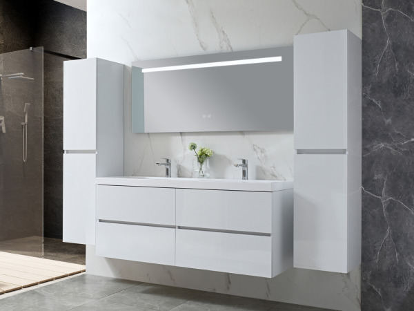 145 cm - Hoogglans wit + witte dubbele wasbak - Incl. kranen
