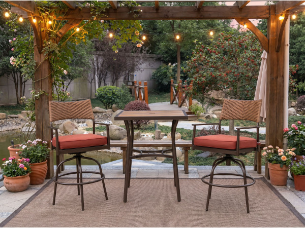 Tuinset 3-delig - barset hoog - bruin wicker + rode kussens