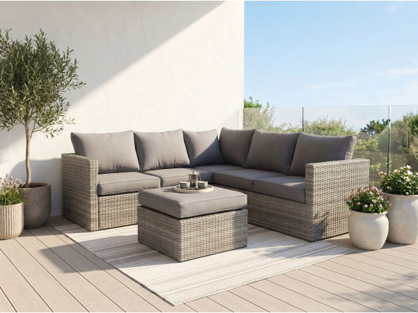 Loungeset 3-delig - Lichtbruin wicker + grijze kussens