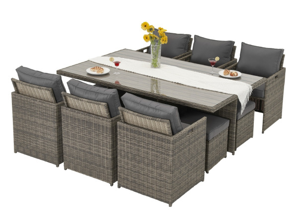 Diningset 11 delig - bruin wicker + grijze kussens