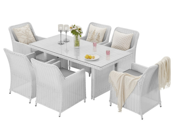 Diningset 7-delig - halfrond wicker - Wit / grijze kussens