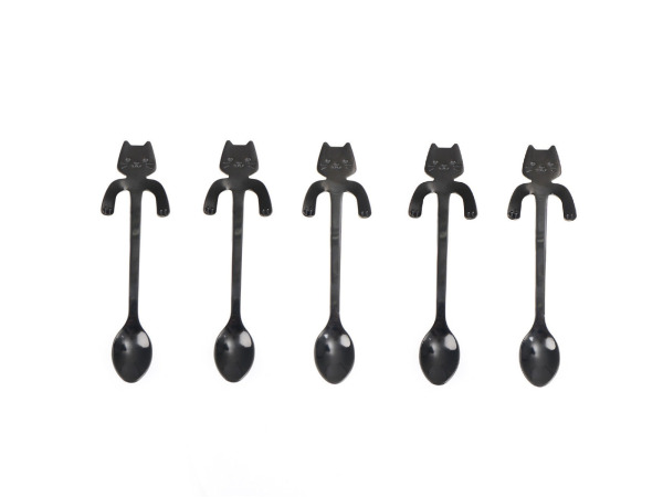 Set van theelepels - zwart - katten design - rvs