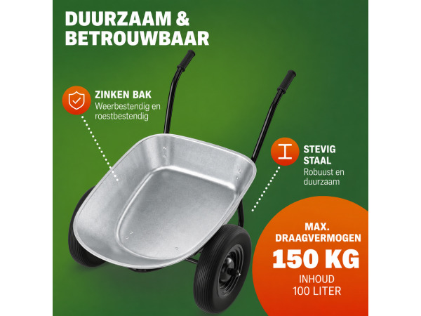 Kruiwagen met 2 luchtbanden - 100 liter - 150 kg – foto 2 – kavel bij XL Auctions