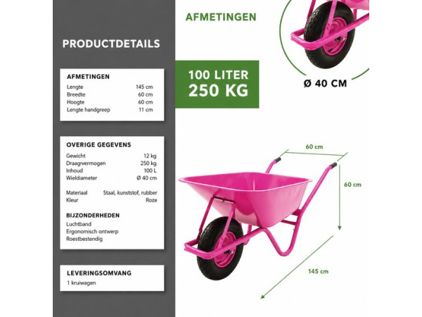 Kruiwagen 100 Liter Roze – Draagvermogen 250 kg – foto 3 – kavel bij XL Auctions