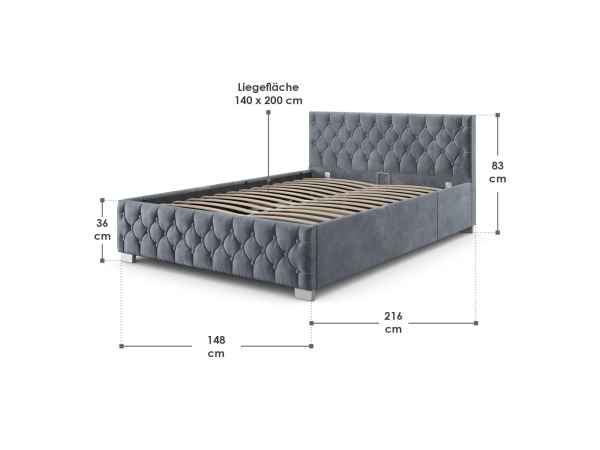 Gestoffeerd Bed Nizza - 140 x 200 cm - Grijs – foto 2 – kavel bij XL Auctions