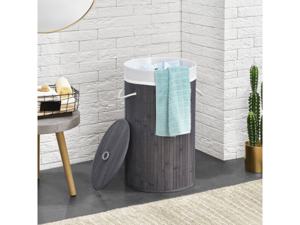 Bamboe wasmand Curly - 55 liter - grijs - incl. waszak & deksel – foto 7 – kavel bij XL Auctions